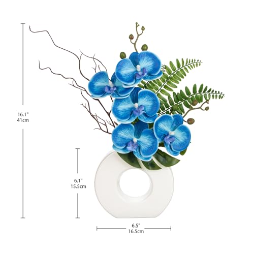 Briful Orchid Fake Flowers 16.1'' Blue Artificial Orchid Silk Flowers with Vase Faux Orchid Arrangement for Home Office Bathroom Desk Modern Decoration - color: Blue
