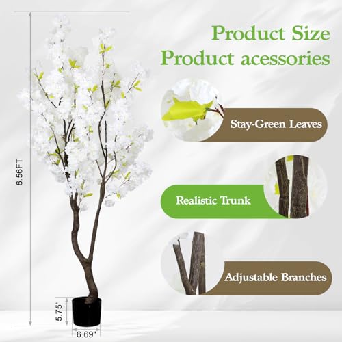 6.56ft White Artificial Cherry Blossom Tree Indoor Decor,Nearly Nature Silk Flower Fake Tree Tall,Realistic Faux Cherry Plant Tree for Christmas New Year Home Decor - color: White-ap17