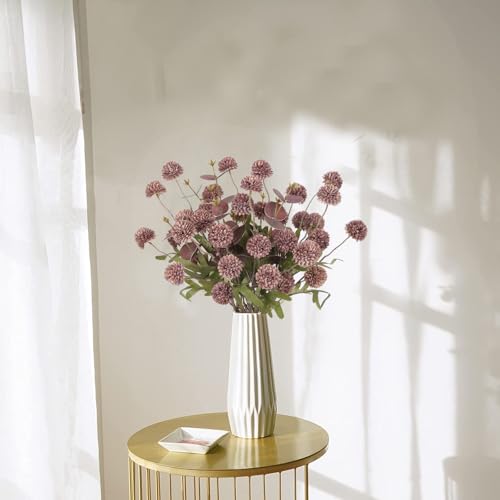 Faux Silk Pompom Mum Artificial Flowers,8 Stems Purple Fake Kiku Flower with 3 Branches Real Touch Eucalyptus Stems for Wedding Bouquet Home Party Floral Arrangements(Purple) - color: Purple