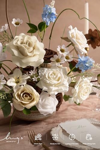 Ling's moment Fake Flowers Box, Faux Gardenia Artificial Daisy Foam Roses Silk Lily for Centerpieces Bouquet Wedding Floral Arrangements Bridal Shower Party, Tawny Beige & Earth Brown, Deluxe Combo - color: Beg-tawny Beige & Earth Brown, size: Deluxe