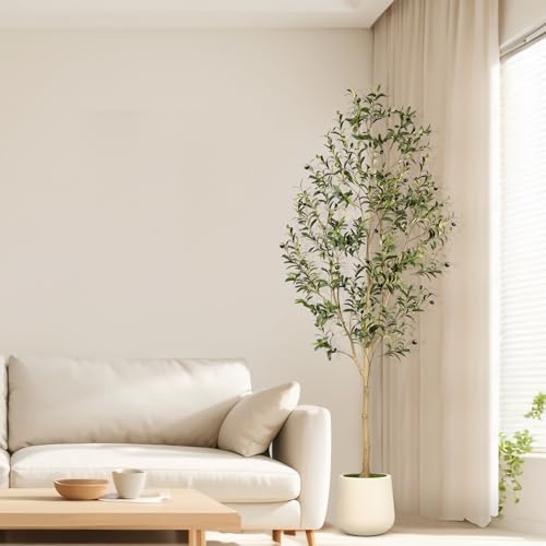 Realead Faux Olive Tree 7ft - Realistic Olive Trees Artificial Indoor with Natural Trunk and Realistic Leaves- Tall 7 Feet Fake Olive Tree for Home Office Décor - size: 7ft