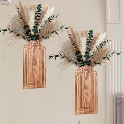 Set of 2 Wooden Vases with Pampas Grass and Eucalyptus – Boho Decor for Living Room, Modern Farmhouse Entryway or Bathroom, Rustic Art for Home Decoration - style: A