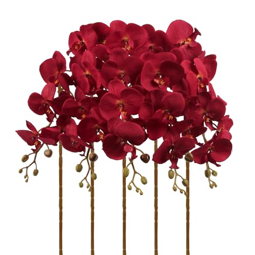 Burgundy Flowers Artificial Orchids 5PCS Fake Orchid 35.4" Faux Orchid Stems Burugndy Artificial Flowers for Bridal Shower Wedding Centerpieces Home Decor (Burgundy) - color: Burgundy