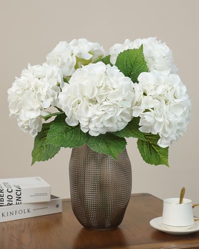 5pcs White Hydrangea Artificial Flowers Real Touch Latex Large Fake Hydrangeas 21in Lifelike Full Dried Faux Hydrangea Flowers for Home Decor Wedding Party Arrangements - color: White, size: 5Pcs