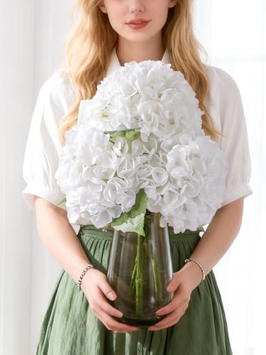 Nubry 3Pcs White Hydrangea Artificial Flowers, 22.5In Latex Faux Real Touch Large Hydrangea Flowers with Long Stems & Leaves for Home Office Decor Wedding Party Arrangements(White) - color: White, size: 3 Pcs