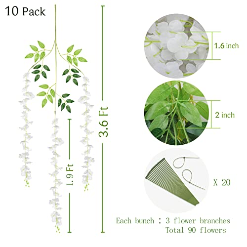 BLEUM CADE 10Pcs White Fake Wisteria Hanging Flowers, 3.6Ft/Pcs Artificial Wisteria Garland, Hanging Flowers for Wedding Party Home Backdrop Wall Decoration - color: White, size: 10pcs
