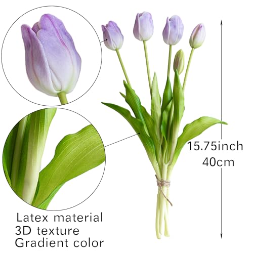 DUYONE 15pcs Artificial Tulips Flowers, Soft Touch Latex Bouquet, Fake Tulips for Office Wedding Party Home Kitchen Garden Decoration - color: 15pcs Lavender (No Vase)