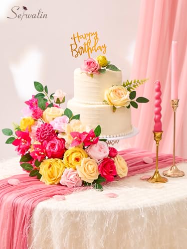 Serwalin Artificial Hot Pink & Yellow Flowers, Magenta Silk Fake Flowers, Faux Flowers for DIY Wedding Bouquets Cake Decoration Baby Shower Centerpieces Floral Arrangements Party Decor - color: A Hot Pink & Yellow, size: 1 Box