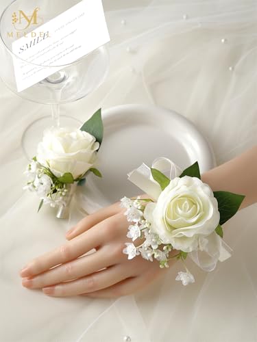 Ivory White Rose Wrist Corsage and Boutonniere Set for Prom Wedding | Artificial Silk Rose Women Pearls Corsage with Men Boutonniere for Wedding Accessories Prom Ceremony Party - color: White Wrist Corsage and Boutonniere Set