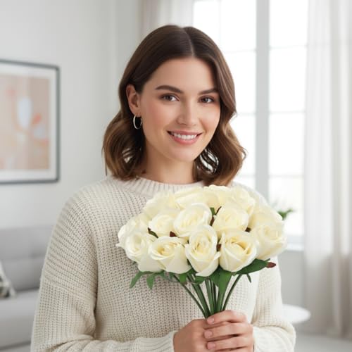 Cream Roses, Bunch of 18 Faux Flowers Bouquet, (12") 30cm Realistic Artificial Roses with Stems for DIY Weddings Bridal Shower & Christmas Party Arrangements - color: Cream