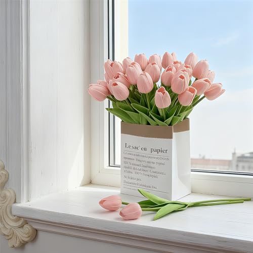 Pink Artificial Tulips Real Touch Fake Flowers, 20 Pcs PU Faux Tulips 13.5", Realistic Tulip Bouquet for Wedding Centerpiece Spring Home Kitchen Dining Table Vase Decoration Easter Floral - color: Light Pink