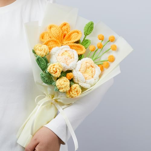 LAIDANLA Crochet Flower Bouquet Yellow Roses and Tulip Bouquet for Her, Handmade Crocheted Flowers Appreciation Graduation Anniversary Birthday Gifts for Women Wife Teacher Girlfriend Mom