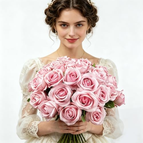 Rose Artificial Flowers Velvet Bouquet with Long Stem Real Touch Fake Roses Florals for Bridal Wedding Bouquet Party Arrangement Centerpiece Decorations (36, Light Pink) - color: Light Pink