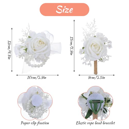 Grevosea 2 Pcs White Rose Corsage and Boutonniere Set, Artificial Wrist Double Pearl Corsage Wristlet Bracelets, Men Boutonniere for Wedding Party Formal Dinner Flowers Accessories Prom Suit Decor - color: White
