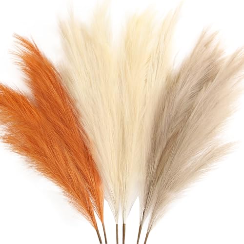 ZIFTY Pampas Grass 6-Pcs 38"/3.1FT Faux Pampas Grass Large Tall Fluffy Artificial Fake Flower Bulrush Reed Grass for Vase Filler Farmhouse Home Wedding Decor (Orange & Beige) - color: Orange & Beige & Taupe, size: 38in 6pcs