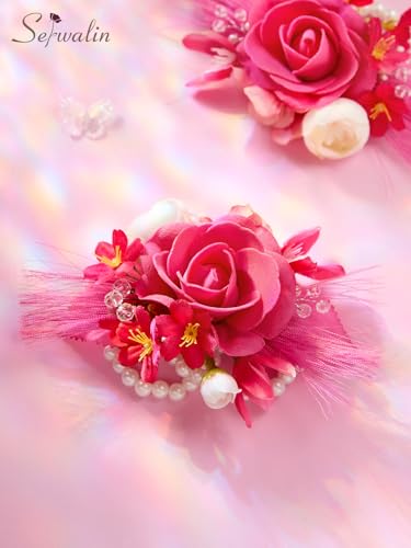 Serwalin 2 Pcs Wrist Corsage, 6-7 Inch Hot Pink Corsage for Wedding, Bridesmaid Mother Grandmother, Artificial Flowers for Prom Ceremony Anniversary - color: Hot Pink, size: Corsage-2pcs