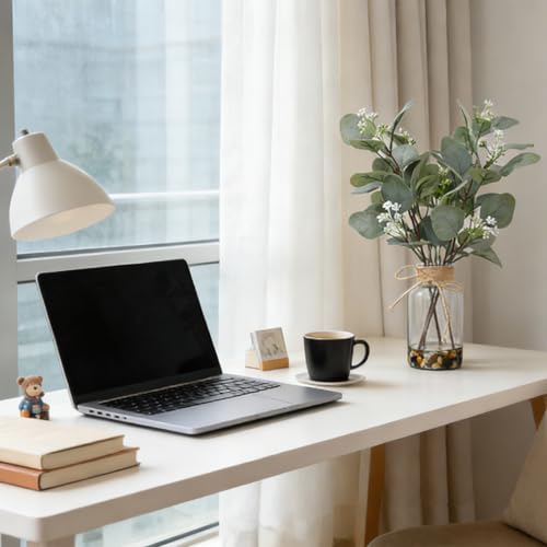 15.74” Artificial Eucalyptus Stems in Glass Vase with Faux Water & Natural Stones, Lifelike Fake Greenery for Modern Farmhouse Home Decor, Bathroom Decor, Office Desk Centerpiece - color: Sl-0975