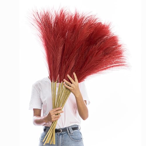 38" 10 Stems Faux Pampas Grass Tall - Red Tall Pampas Grass Decor Pompas Floral Arrangement and Vase Filler for Boho Home Wedding Mothers Day Decoration - color: Burgundy