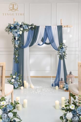 TINGE TIME Wedding Arch Flowers Kit - Deluxe 5pcs Artificial Floral Swag with 3 Sheer Drapes, Realistic Silk Flower Arrangements for Wedding Ceremony Arbor Backdrop Reception Party Home Decor - color: Dusty Blue