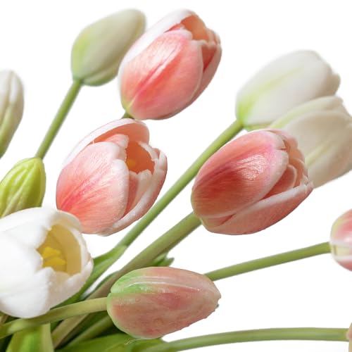 DUYONE 40Pcs Artificial Tulips Flowers, Soft Touch Realistic Latex Tulips Bouquet for Home Office Wedding Party Garden Decor, Fake Flowers for Dining Table Living Room Spring-B Coral Pink Set - color: B Style-40pcs Coral Pink Set(no Vase)