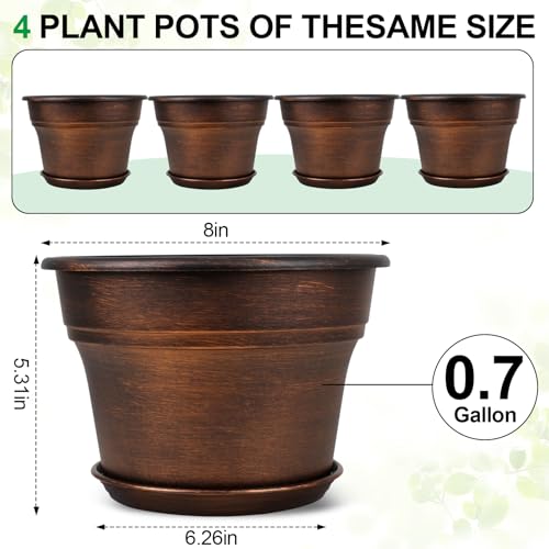 Plant Planters Pots Set of 4 Pack 8 Inch, Plastic Flower Pot For Indoor Plants With Drainage Holes & Trays, Resin Decorative Container Sets With Saucer For House Outdoor Garden Planters Copper - color: Copper, size: 8 inch-4 pack