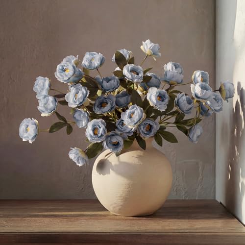 6 Pcs 32" Large Haze Blue Artificial Peonies Stems Flowers, Real Look Faux Silk Peony Bouquet 42 Heads Total for Vase Filler, Farmhouse Rustic Neutral Home Decor, Wedding Centerpieces - color: Haze Blue
