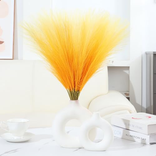 Ureymx Faux Pampas Grass Decor 17.7 Inch 30pcs, Pompas Grass Flower Arrangement and Vase Filler Artificial Pampas Grass Short Decor for Boho Home Wedding Decoration (Gradient Yellow) - color: Gradient Yellow, size: 17 Inch 30 Pcs