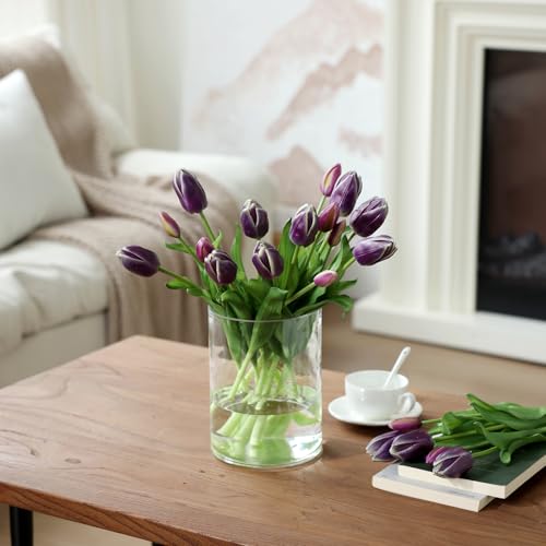 mizii 15Pcs Purple Tulips Artificial Flowers Latex Plastic Real Touch Fake Tulips Flowers Look Real Faux Tulip Flower Bouquet Decoration for Vase Room Table Centerpieces Home Decor (Dark Purple) - color: Dark Purple