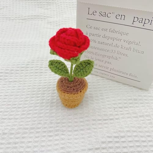 JOONOR 3PCS Mini Crochet Rose Potted Plant,Hand Knitted Red Love Rose Puff Flower for Bathroom Home Kitchen Rustic Table Centerpiece Shelf Decor - color: Color#10