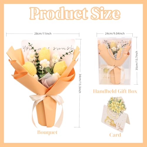 Crochet Flowers Bouquet for Her Handmade Crochet Tulips Artificial Eucalyptus Includes Handheld Gift Box and Card for Home Decor Anniversary Birthdays Mother's Day Graduation Gifts (Yellow) - color: Yellow
