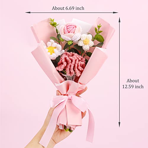 Omldggr Completed Crochet Flower Bouquet, Pink Handmade Knitted Bouquet, Crochet Carnation Mix Crochet Bouquets Flower for Mother's Day Graduation Birthday Wedding Valentine Day Gifts (with Card) - color: Pink-rose+carnation