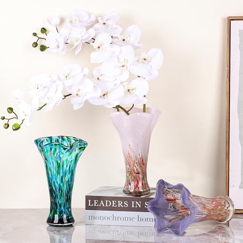 9.0" H Red Glass Vases for Flowers, Hand Blow Glass Vase Red Home Decor, Wide Mouth Blue Flower Vase Centerpieces, for Bookshelf,Dinner Table,Indoor Office Desktop,Meeting Room,Bathroom,Countertop - color: Pink Purple