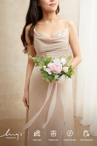 Ling's moment Pink Artificial Wedding Flower Bouquets for Bridesmaids White Floral Bouquet Blush Bridal Bouquets for Bridesmaids with Ribbon Ceremony Anniversary,7-inch Diameter - color: Pk-posy-blush & Cream