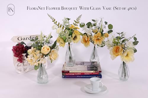 4Pcs 13.5" Flowers w Glass Rose,Magnolia, Anemone,Poppy, Hydrangea,Ranunculus Mix Arrangements for Home Office Bathroom Dining Table Coffee Table Decor