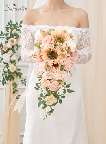 Serwalin 11 Inch Wedding Bouquets for Bride Bridesmaid, Champagne Bridal Bouquets for Bride, Wedding Flowers Bouquet Tossing Bouquet, Wedding Ceremony and Anniversary Day Decor - color: Champagne Sunflower