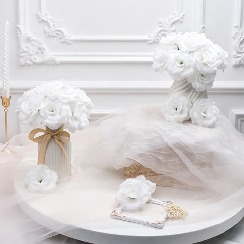 50 Pcs Rose Flower Head, Artificial Flowers Bulk for DIY Crafts, 3in Fake Rose Silk Flower Head wit Stem, Faux Flowers for Decoration, Wedding Home Party Decor Garland Decor (50, Pure White) - color: Pure White