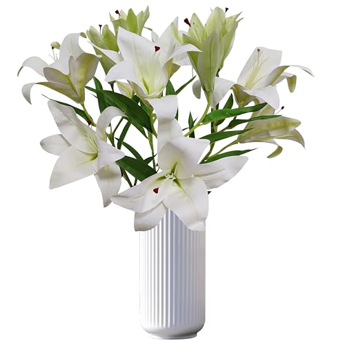 Artificial Lily Flowers,4 Pcs Faux Lily Flowers,32.5 Inch Long Stem Tiger Lily Branch with 2 Full Blooms and 1 Bud, Latex Real Touch Lilium Flower for Wedding Bouquet (4, White) - color: White