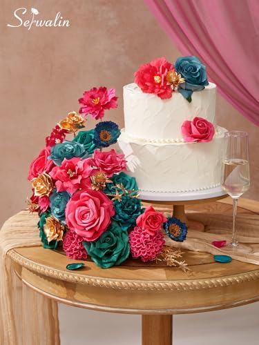 Serwalin Artificial Flowers, Hot Pink & Teal Fake Silk Flowers for DIY Wedding Bridal Bouquets Faux Cake Flowers for Table Centerpieces Party Baby Shower Floral Decorations - color: A Gorgeous Hot Pink & Teal, size: 1 Box