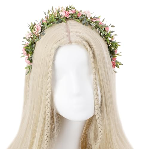 Fairy Pink Flower Crown, Artificial Boho Rose Floral Headpiece, Adjustable Forest Woodland Flower Headbands for Women Girls Maternity Wedding Renaissance Festival Party Hair Accessory - color: Pink