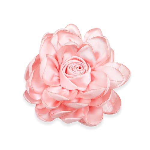 Dainty Satin Rose Flower Brooch Pins for Women Delicate Large Camellia Pins Shawl Clips Duckbill Clips Wedding Prom Banquet Party Jewelry Gift - color: Crystal Pink