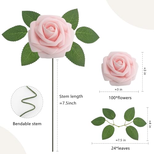 100PCS Light Pink Realistic Roses - Artificial Latex Foam Flowers with Bendable Stems & 24PCS Leaves for Wedding, Home and Party DIY Decor - color: Light Pink, size: 100
