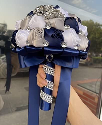 XINNI Brooch Bridal Wedding Bouquet Green Bride Bridesmaids Satin Rose Flower Bouquet with Meteor Shower Shape Rhinestone for Wedding Navy Blue White and Silver - color: Navy+white+silver