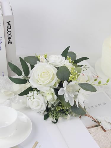 Rinlong White Green Bridesmaid Bouquet for Wedding, Prom, Homecoming | Silk Bridal Bouquet, Destination Friendly - color: 10-white & Green