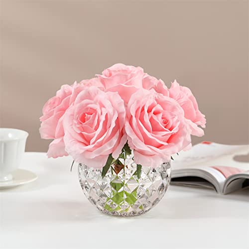 7 Large Stem Rose Artificial Flowers in Vase, Silk Flowers Arrangement in Round Glass Vase Without Water for Home Decor, Wedding Table (Pink) - color: Pink W/O Water