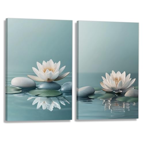 Zen Wall Art 2 Panel White Lotus Pebble In Water Picture Canvas Print Blooming Floral Poster Calming Painting Framed Artwork for Yoga Spa Room Decor(Artwork-1,20"x30"x2pcs) - color: Artwork-1, size: 20"x30"x2pcs