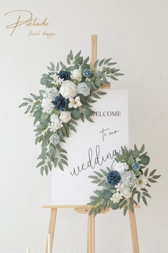 Faux Flower Swag Set of 2 for Wedding Welcome Signs Floral Swag Wedding Reception Ceremony Signs Decor (A-White Blue) - color: A-white Blue
