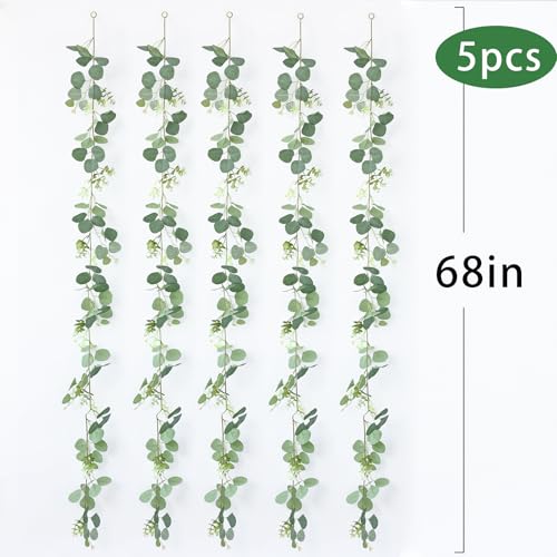 mizii 5 Packs 340" Artificial Vines Eucalyptus Garland Fake Vine with Silk Leaves Green Garland Faux Hanging Plants Greenery Decoration for Room Table Centerpieces Wedding Decor (Eucalyptus) - color: Eucalyptus