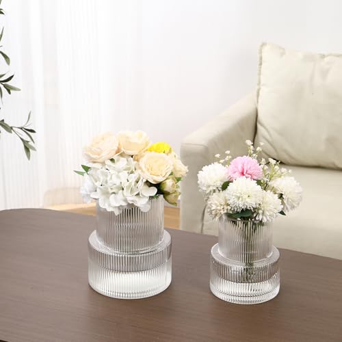 Ribbed Glass Vases for Bouquet, Set of 2 Fluted Vases for Flowers, Clear Vase for Tulips, Modern Glass Vase for Living Room, Office, Coffe Table, Dining Table, Shelf, Wedding - color: Clear, size: Ribbed Mixed Sizes (2-Pack)