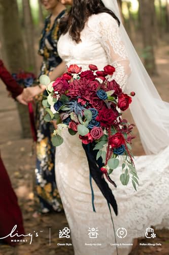Ling's moment Navy Blue Burgandy Bridal Bouquet Cascading, Jewel Tone Wedding Bouquets for Bride, 15 Inch Bride Bouquets for Wedding Artificial Flowers Bouquets - color: Red-burgundy & Navy Blue, size: Medium 15 Inch