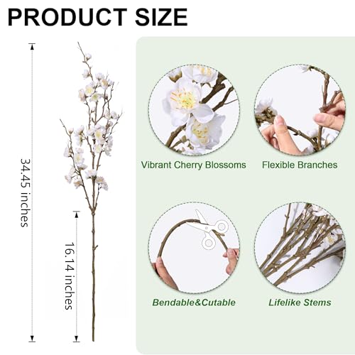 florisso 6 PCS Artificial Cherry Blossom Branches Spring Indoor Decoration, Faux Flowers 34.45" Long Stems Plum Fake Peach Plants Real Touch Silk for Wedding Home Bedroom Party Table Office, White - color: A-white